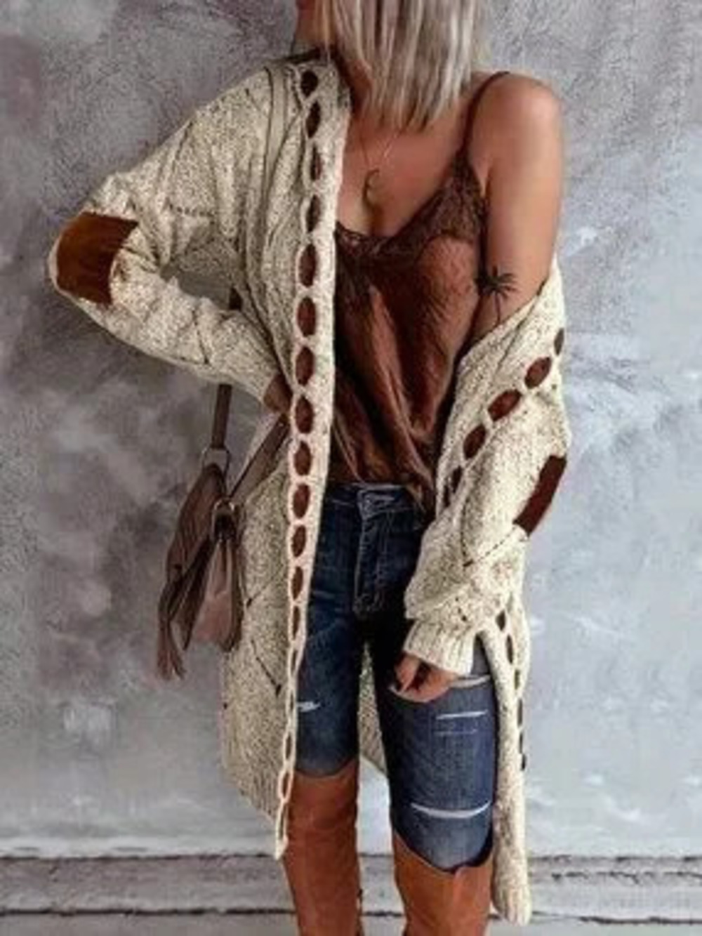 Khaki Boho Women's Open Front Cardigan with Cable Knit Elbow Patches